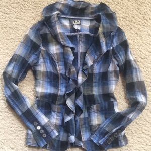 Free People Blue Plaid Ruffle Blazer